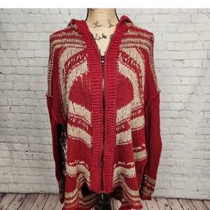 Free People Red Cream "Show Me the Way" Fringe Cardigan Zip Up Sweater Size L